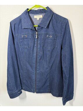 Studio Works Womens Medium Petite Denim Jacket zip Front Casual Blue Jean Coat